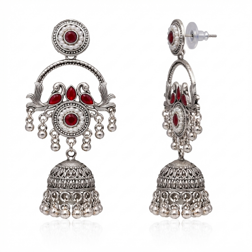 Vrita- Oxidised Jhumka Earrings with Maroon Stone