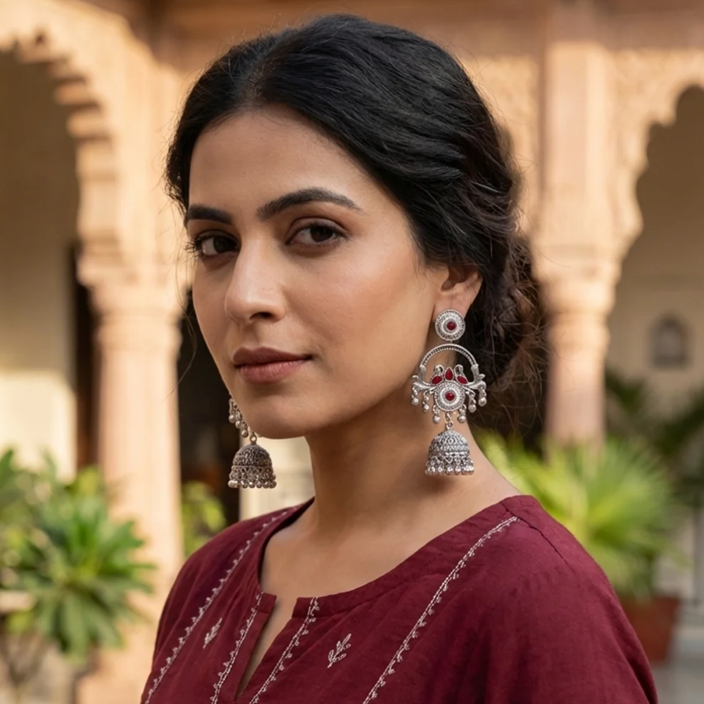Vrita- Oxidised Jhumka Earrings with Maroon Stone