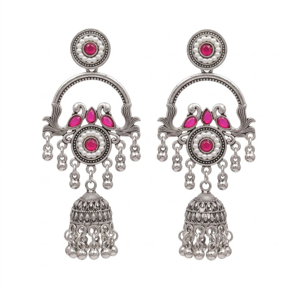 Vrita- Oxidised Jhumka Earrings with Dark pink Stone