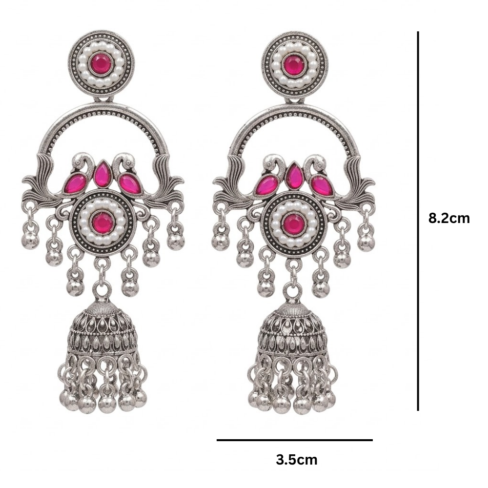Vrita- Oxidised Jhumka Earrings with Dark pink Stone