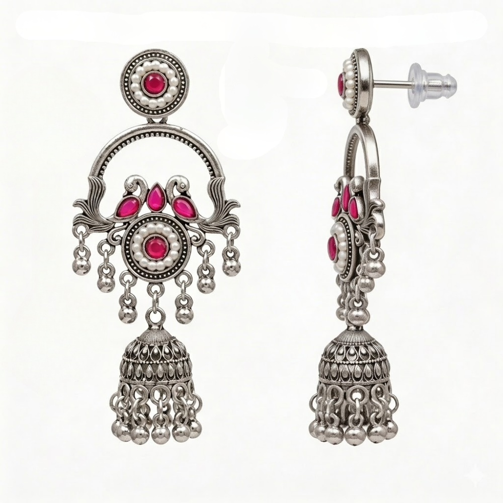 Vrita- Oxidised Jhumka Earrings with Dark pink Stone