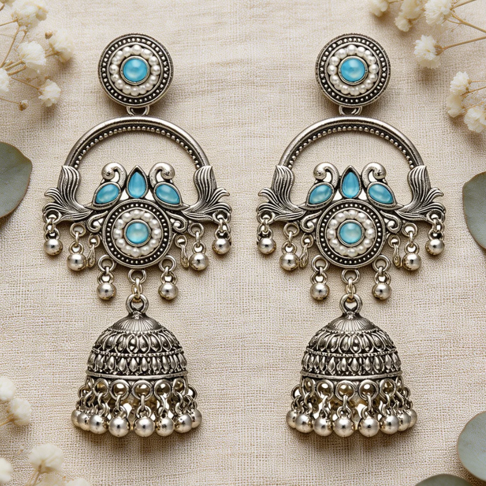 Vrita- Oxidised Jhumka Earrings with Sky Blue Stone