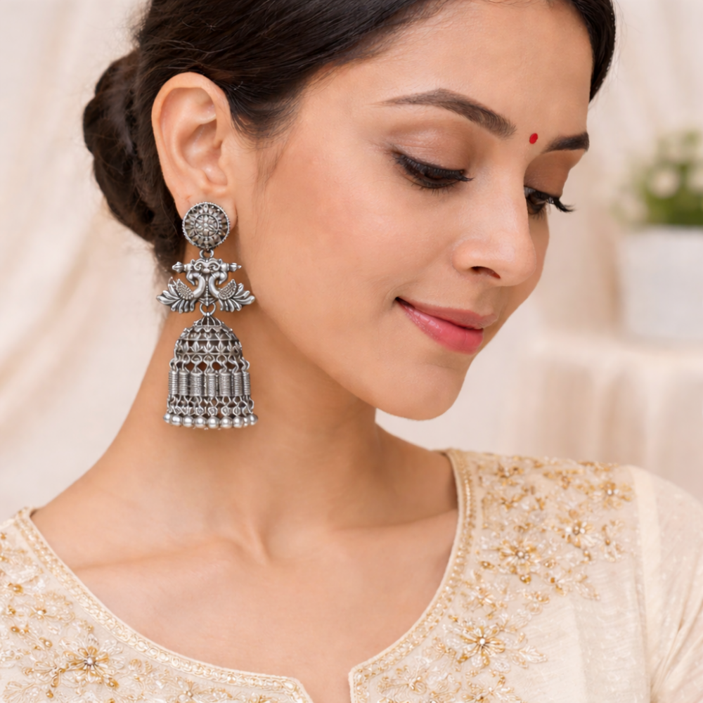 Nirali- Oxidized Peacock Design Jhumka Earrings