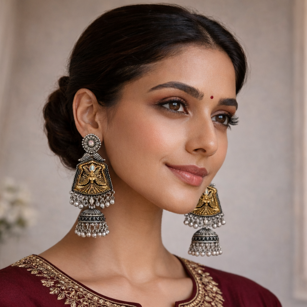 Mayurika- Oxidised Goddess Statement earring
