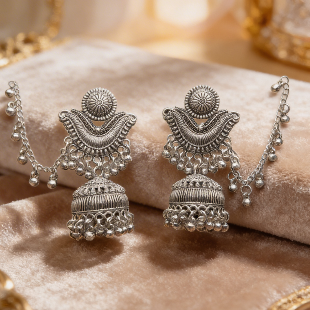 Nirja- Oxidized Jhumka Earrings with Chain