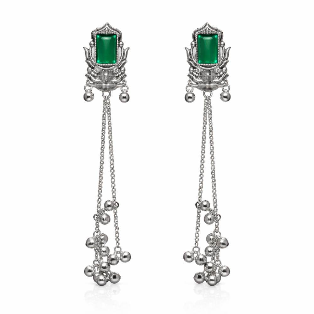 Rishka- Oxidized Long Chain Ghunghroo Earrings with Green Stone