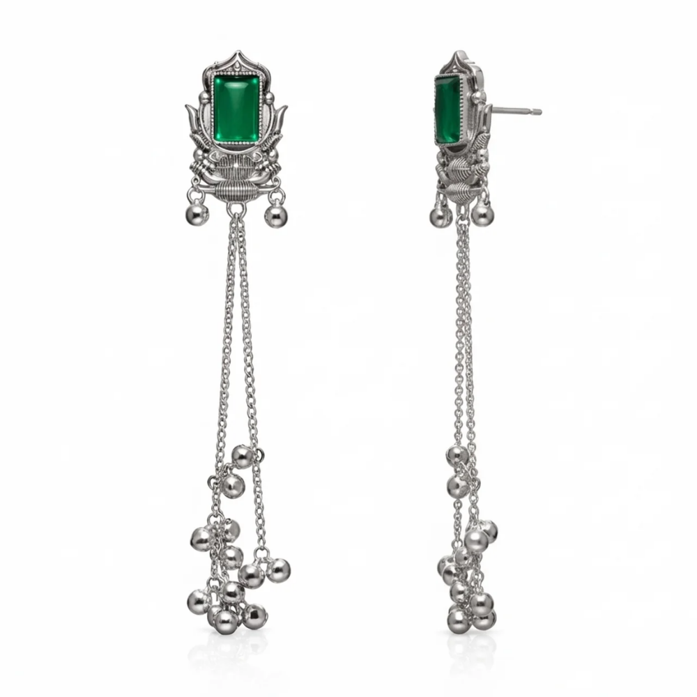 Rishka- Oxidized Long Chain Ghunghroo Earrings with Green Stone