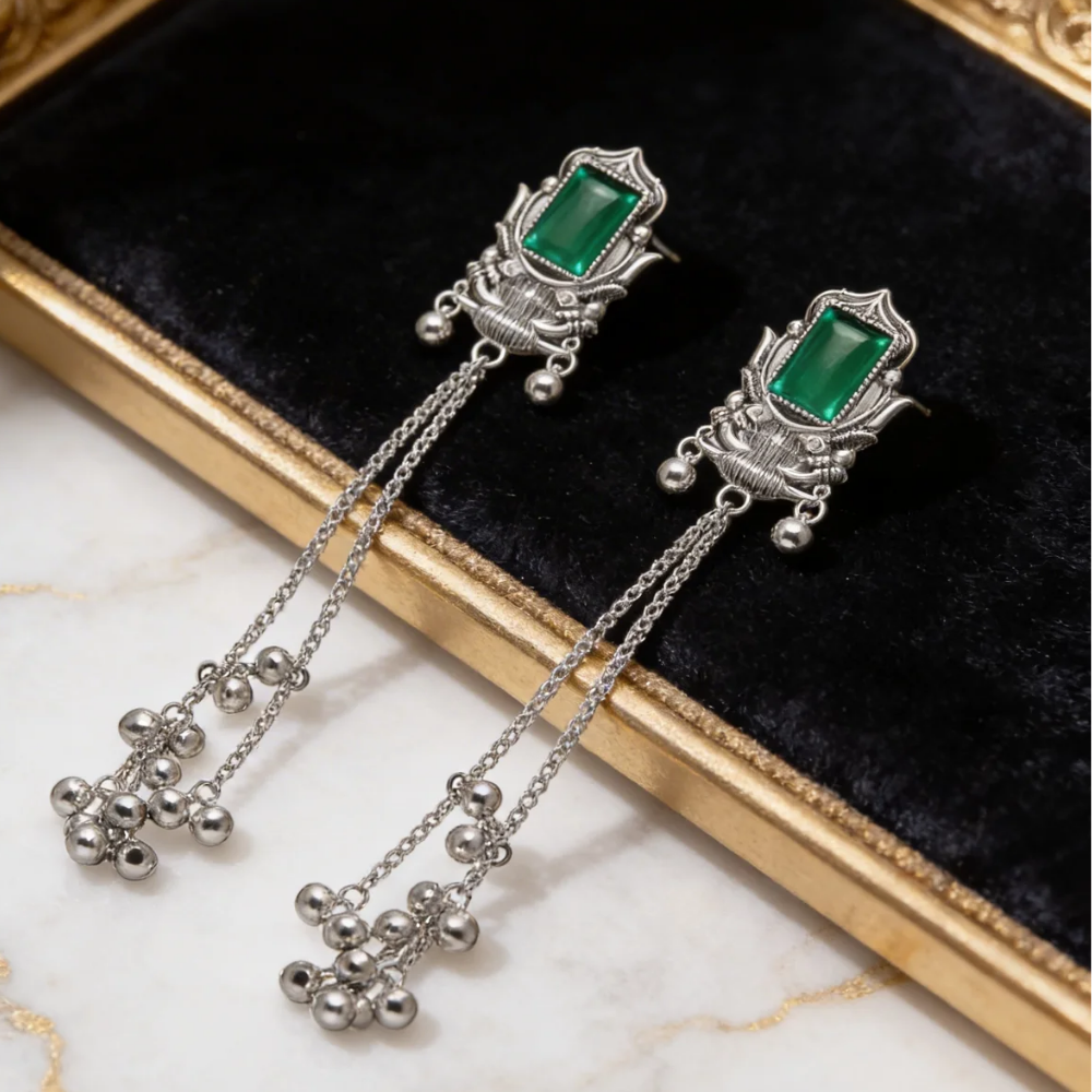 Rishka- Oxidized Long Chain Ghunghroo Earrings with Green Stone