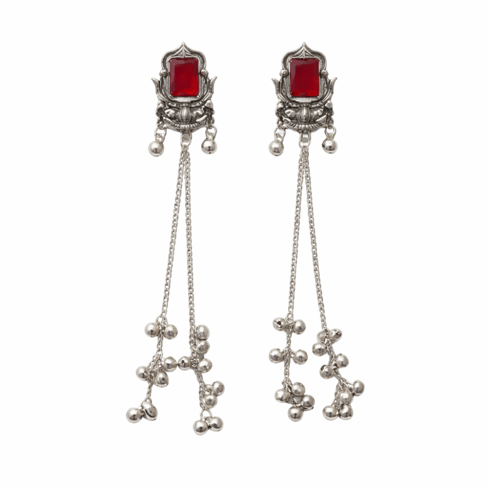 Rishka- Oxidized Long Chain Ghunghroo Earrings with Maroon Stone