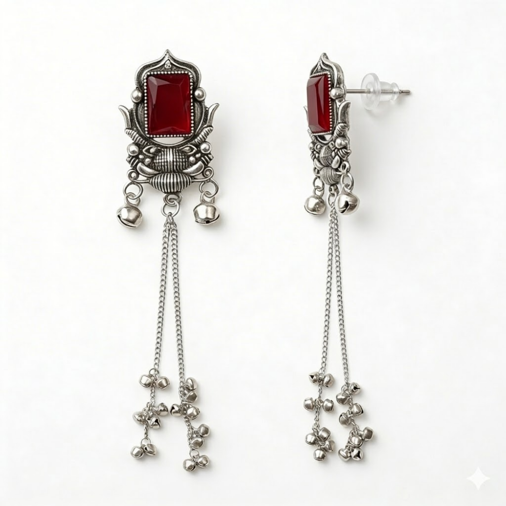 Rishka- Oxidized Long Chain Ghunghroo Earrings with Maroon Stone