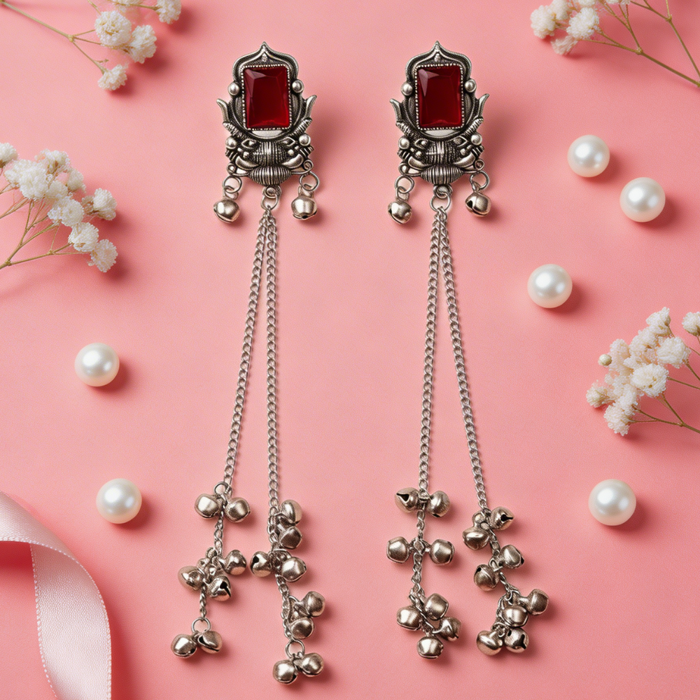 Rishka- Oxidized Long Chain Ghunghroo Earrings with Maroon Stone