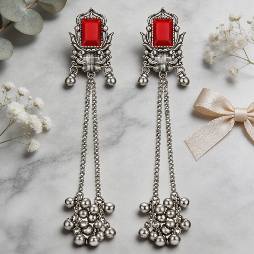 Rishka- Oxidized Long Chain Ghunghroo Earrings with Red Stone