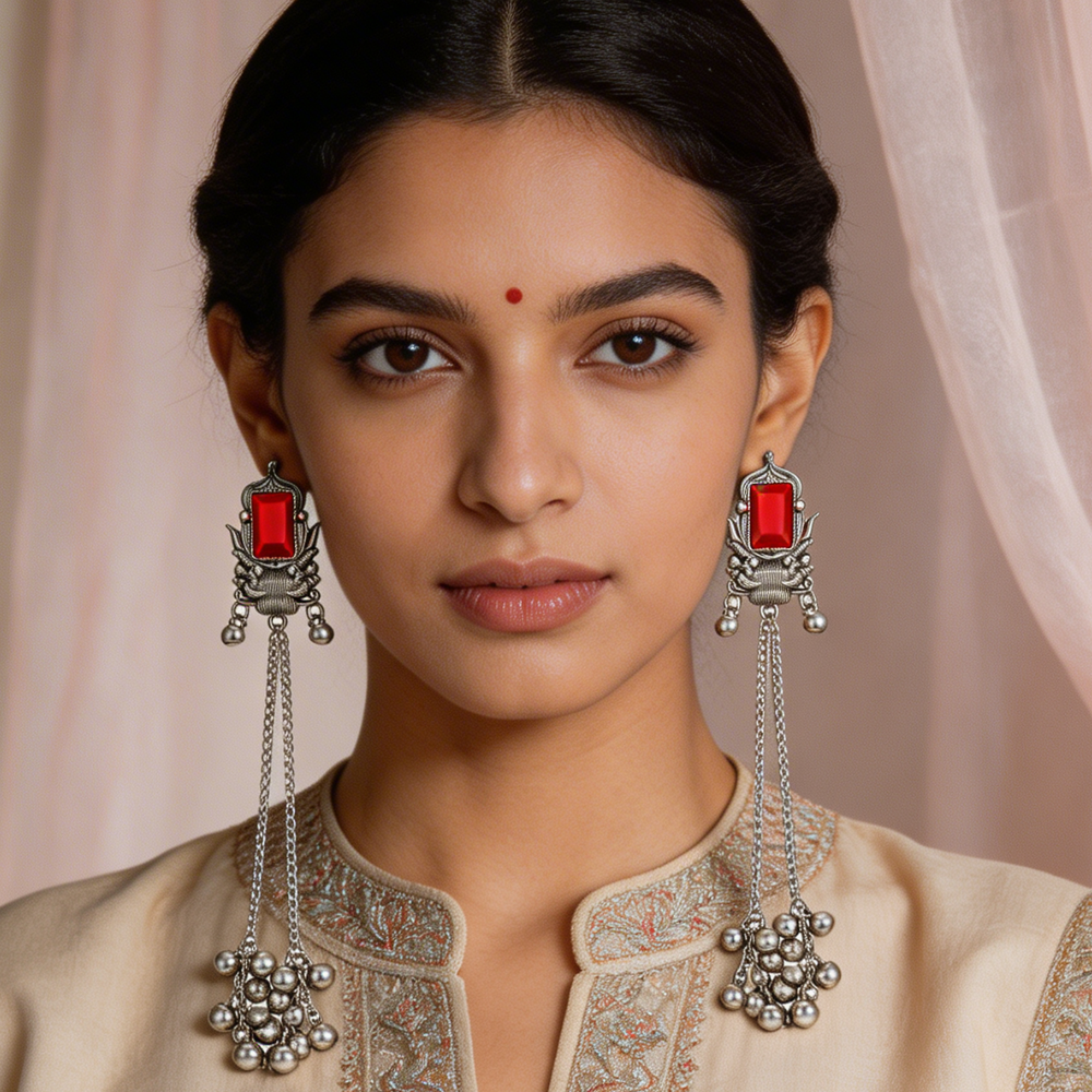 Rishka- Oxidized Long Chain Ghunghroo Earrings with Red Stone