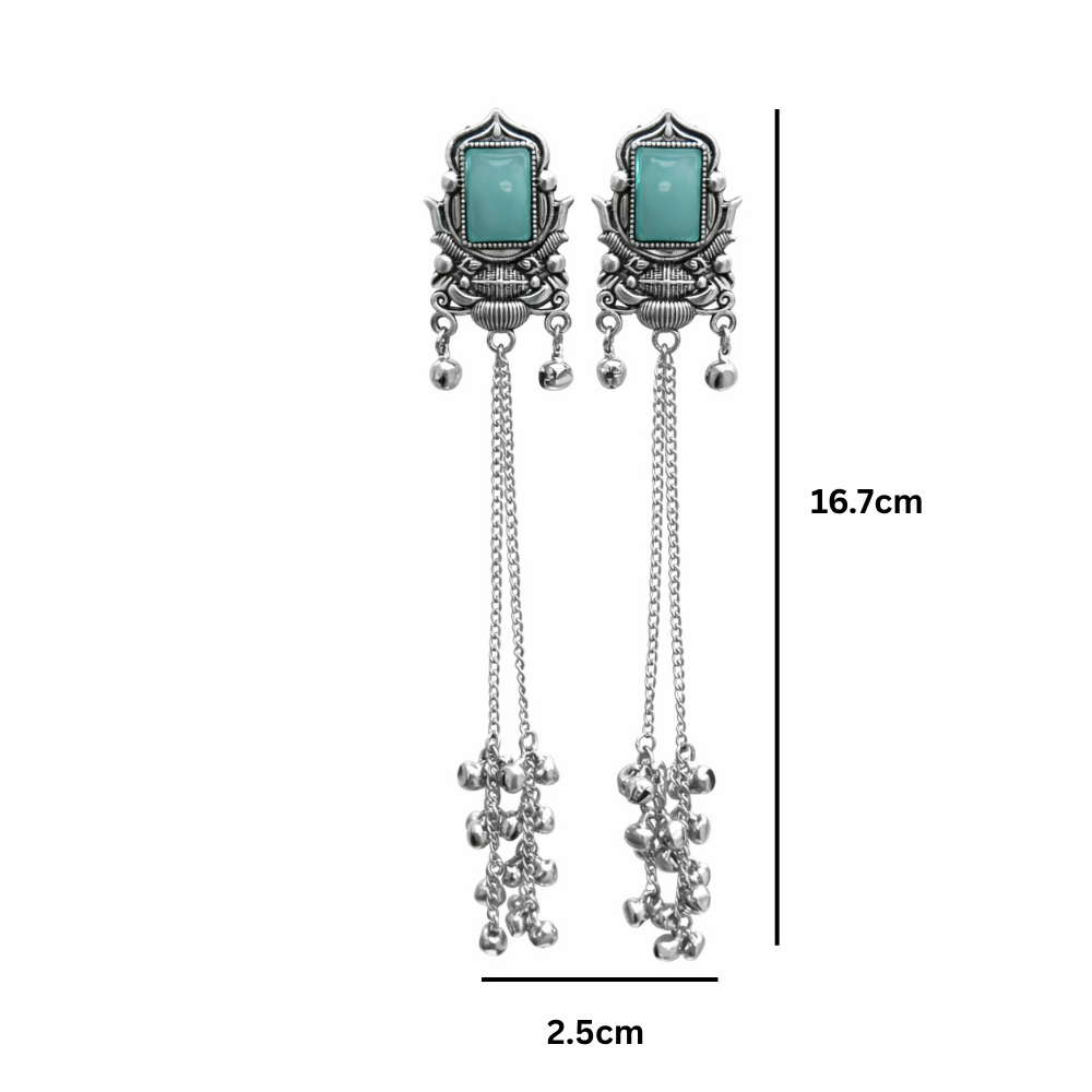 Rishka- Oxidized Long Chain Ghunghroo Earrings with Sky Blue Stone