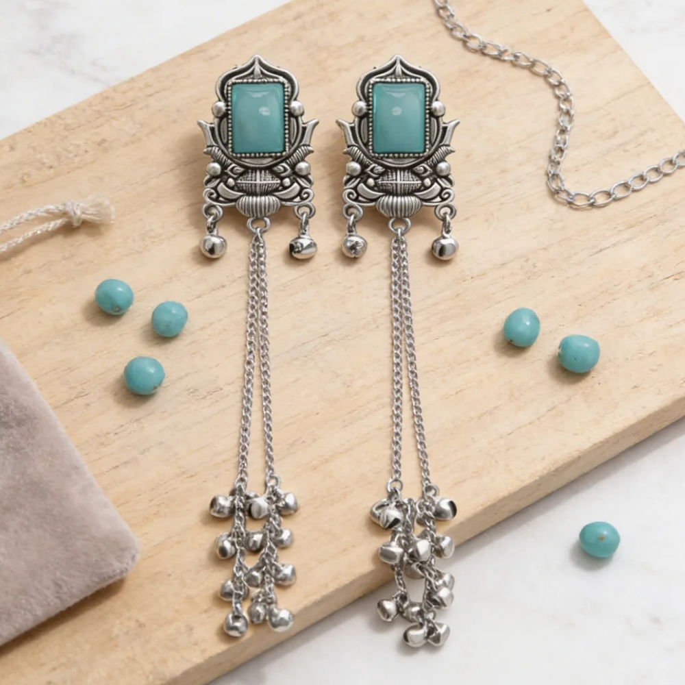 Rishka- Oxidized Long Chain Ghunghroo Earrings with Sky Blue Stone