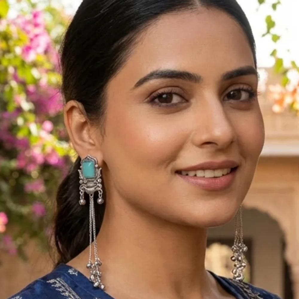 Rishka- Oxidized Long Chain Ghunghroo Earrings with Sky Blue Stone