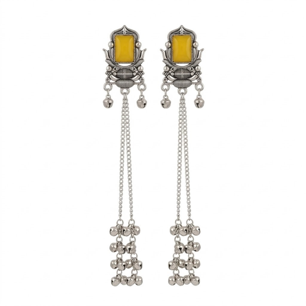 Rishka- Oxidized Long Chain Ghunghroo Earrings with Yellow Stone