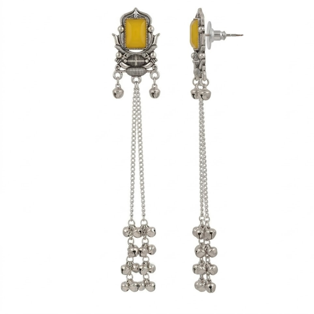 Rishka- Oxidized Long Chain Ghunghroo Earrings with Yellow Stone