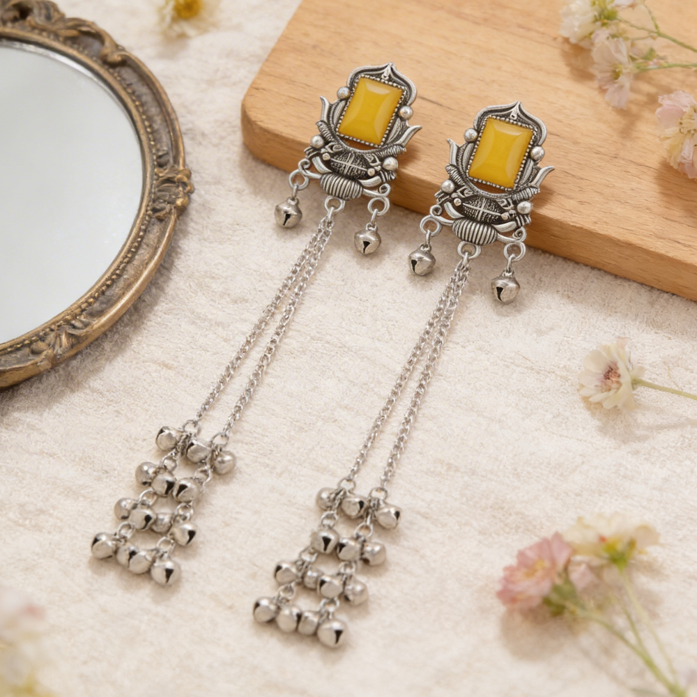 Rishka- Oxidized Long Chain Ghunghroo Earrings with Yellow Stone