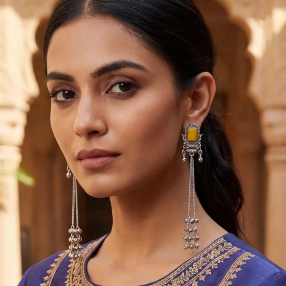Rishka- Oxidized Long Chain Ghunghroo Earrings with Yellow Stone