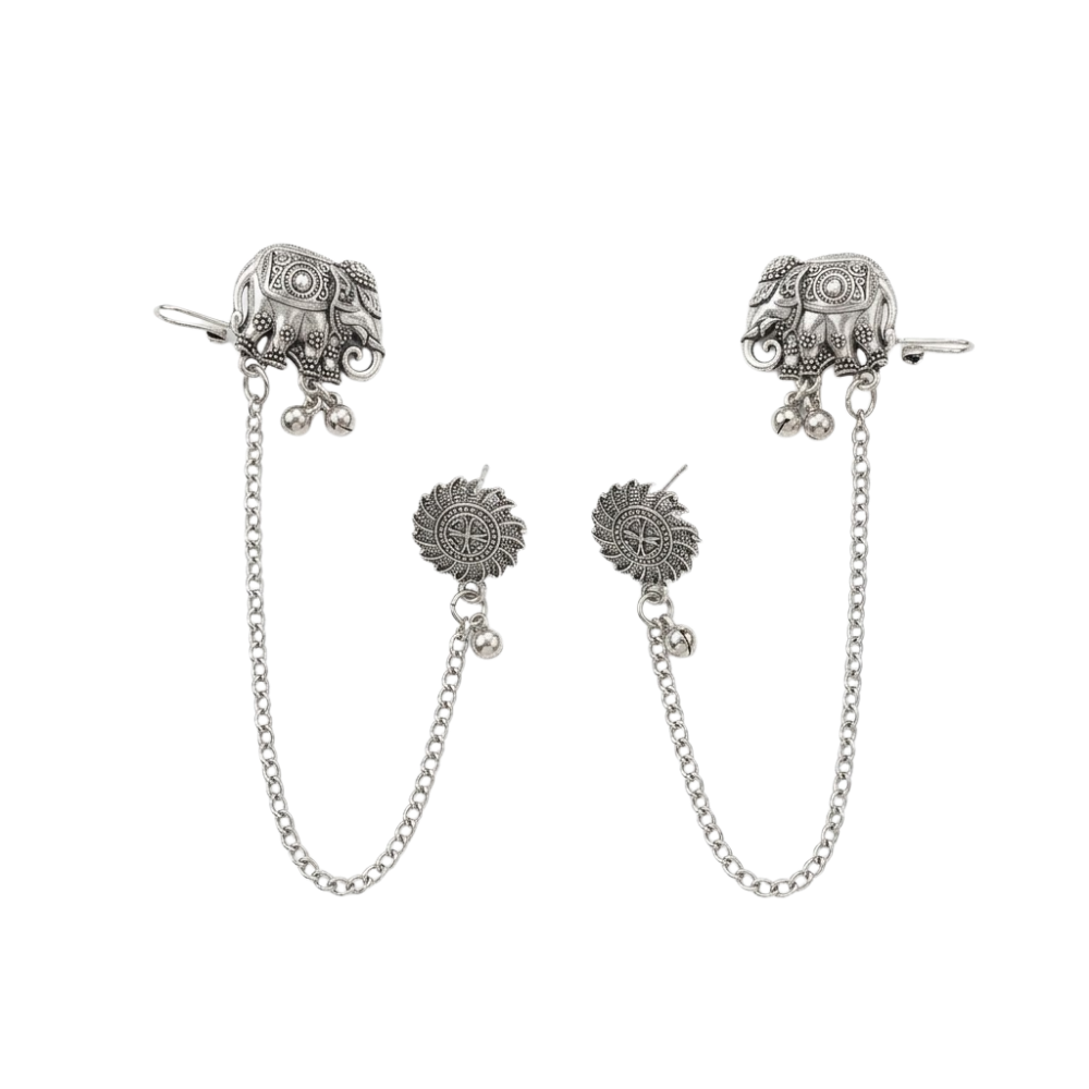 Morya- Oxidized Elephant Ear Cuff Earrings with Chain
