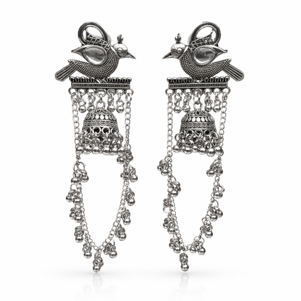 Jashvi- Oxidized Bird Jhumka Earrings with Chain