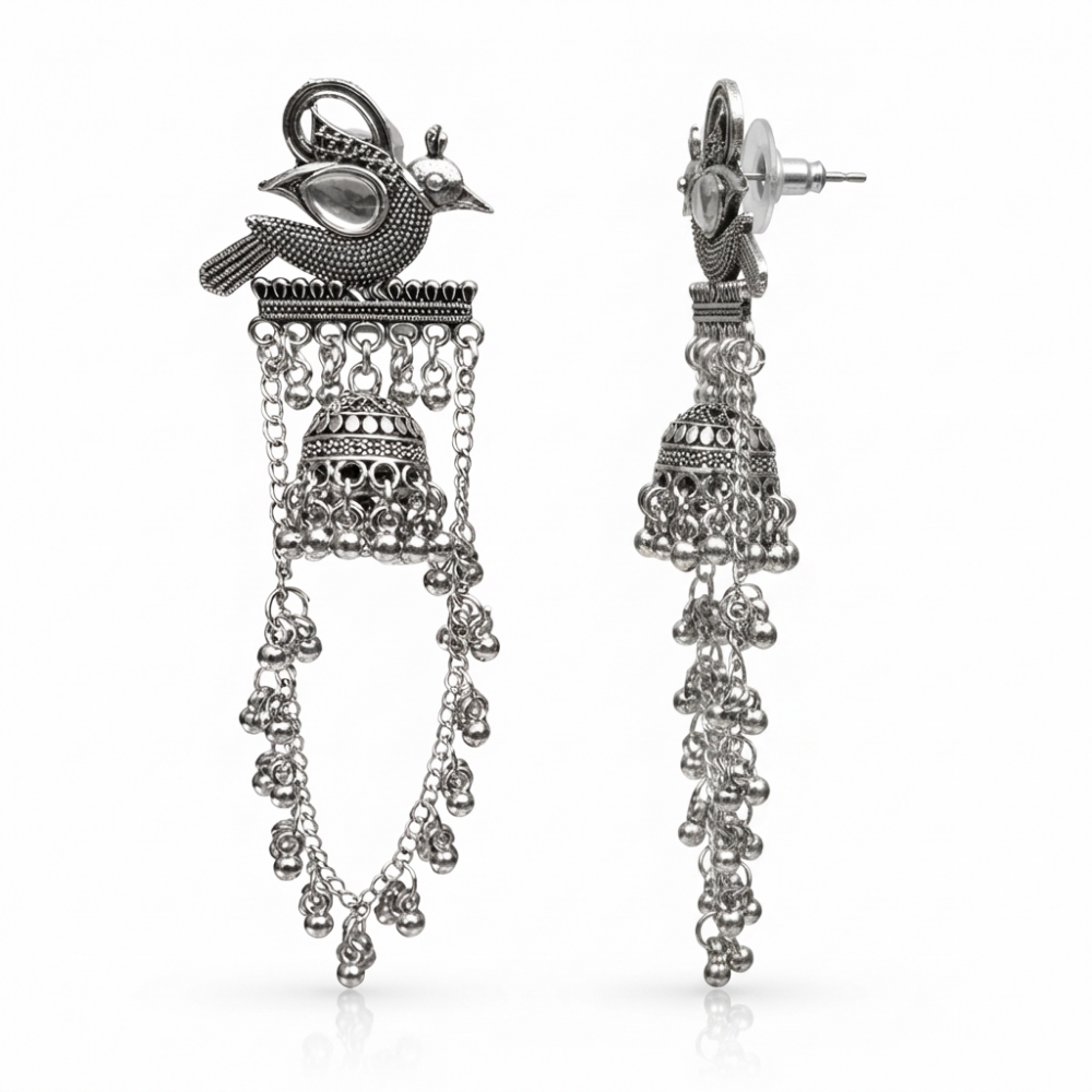 Jashvi- Oxidized Bird Jhumka Earrings with Chain
