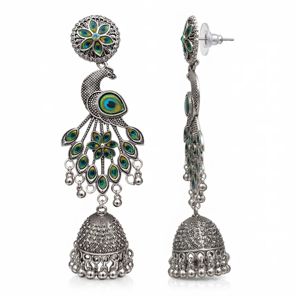 Anuradha- Oxidized Peacock Jhumka Earrings