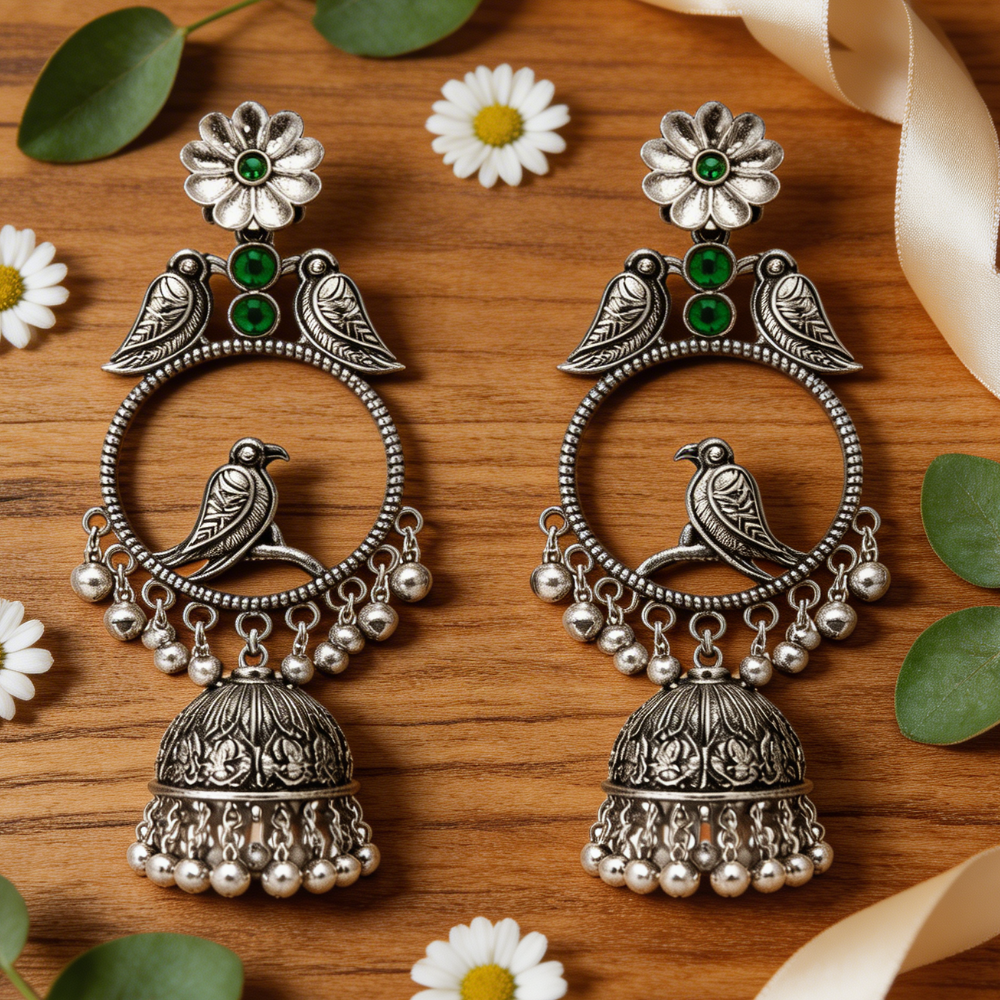 Anukriti- Oxidised Bird Motif Jhumka Earrings with Green Stone