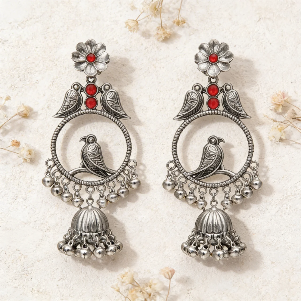 Anukriti- Oxidised Bird Motif Jhumka Earrings with Red Stone