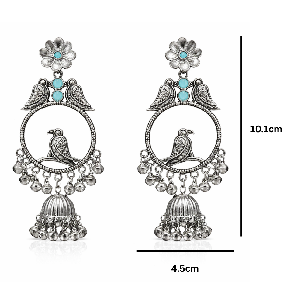 Anukriti- Oxidised Bird Motif Jhumka Earrings with Blue Stone