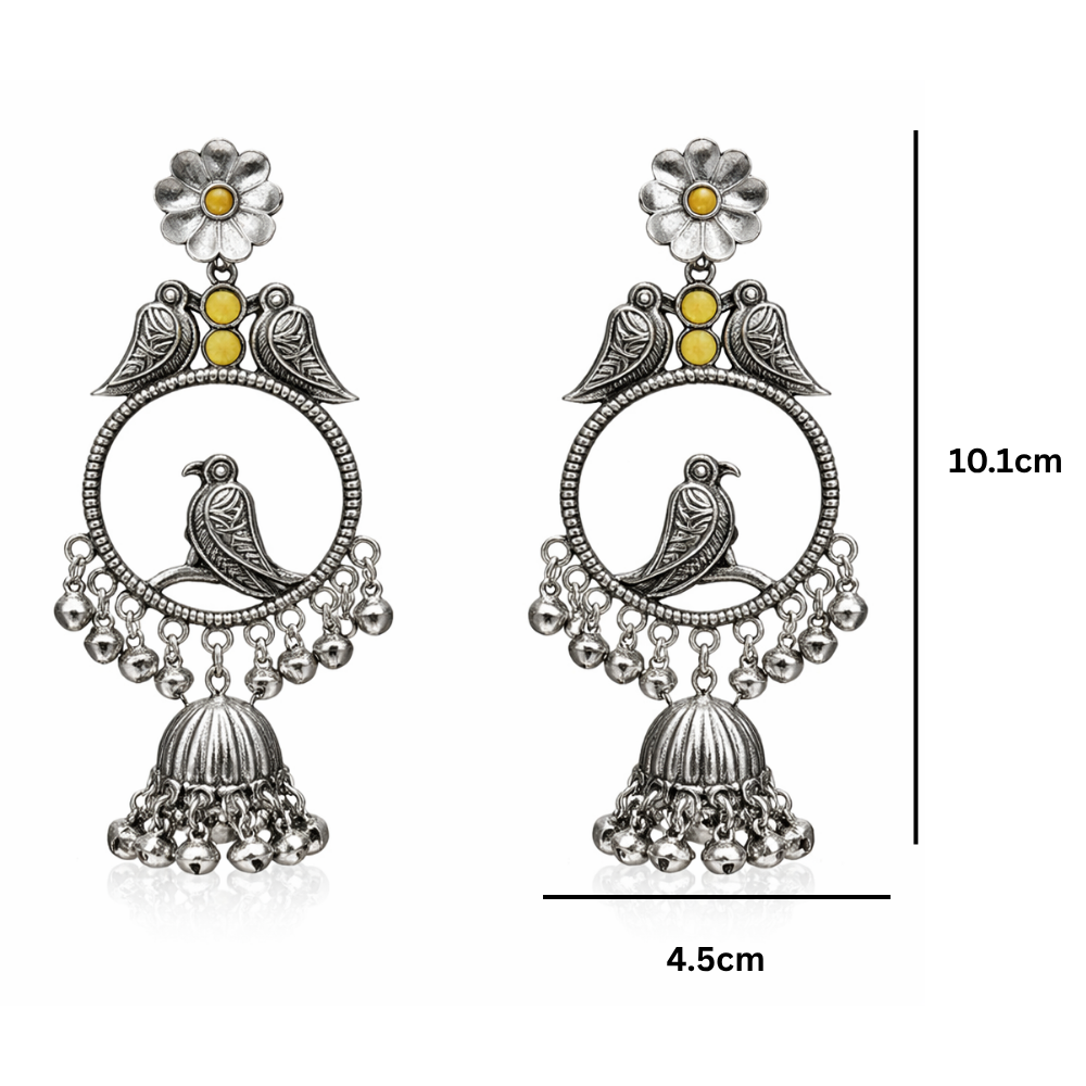 Anukriti- Oxidised Bird Motif Jhumka Earrings with Yellow Stone