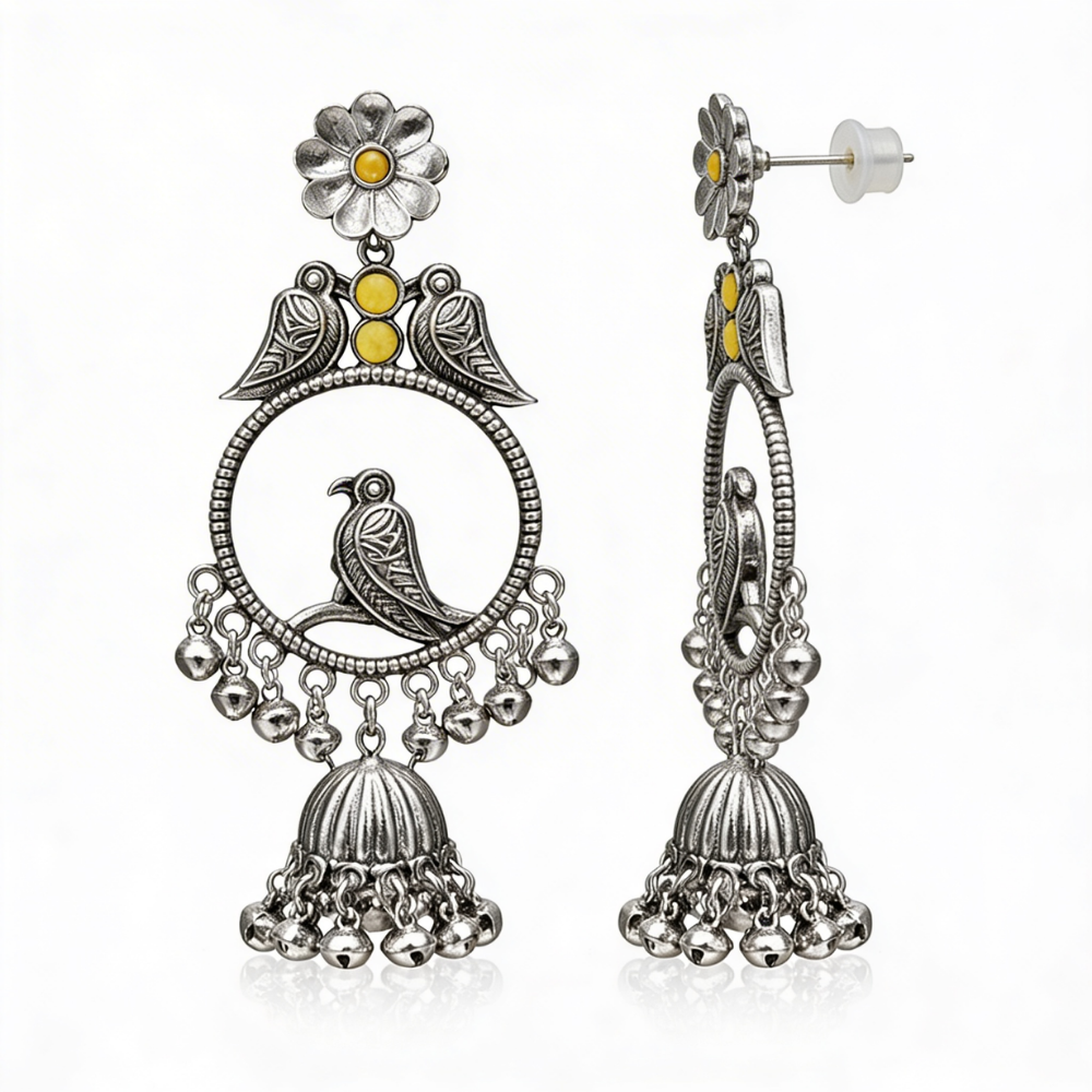 Anukriti- Oxidised Bird Motif Jhumka Earrings with Yellow Stone