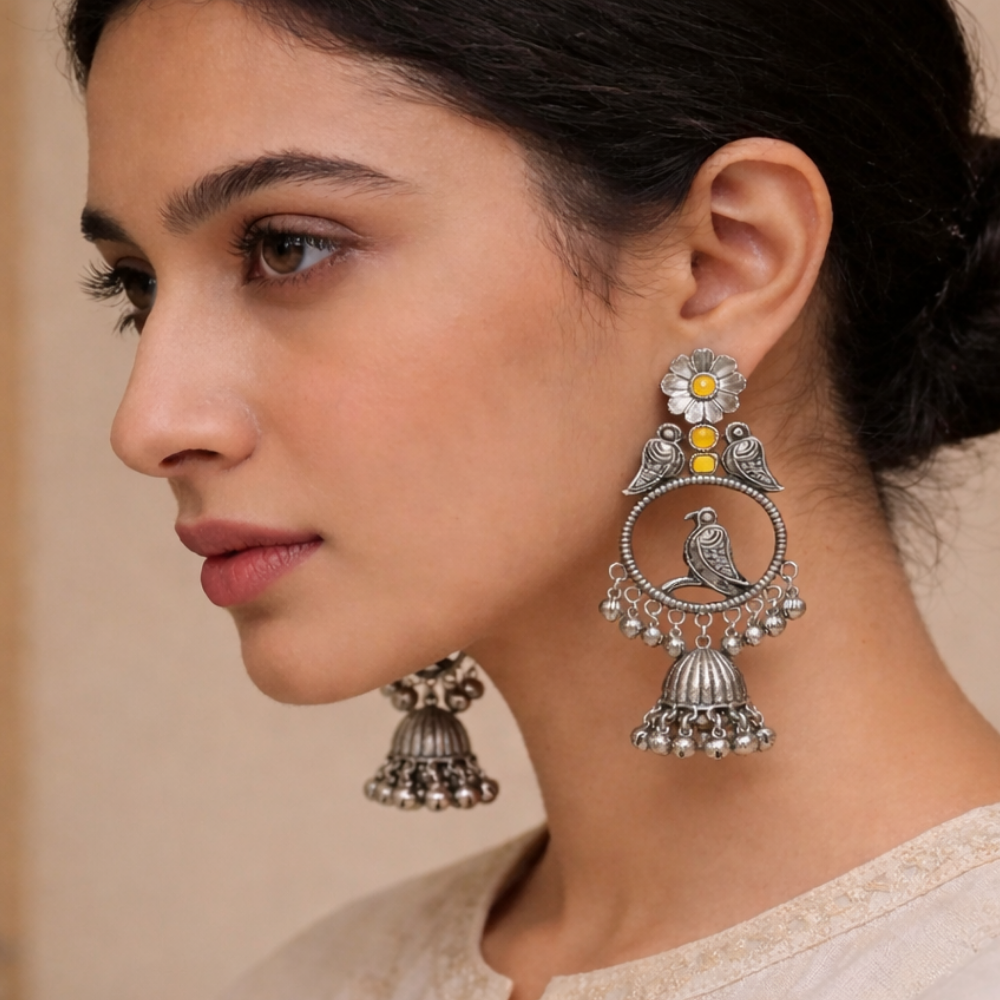 Anukriti- Oxidised Bird Motif Jhumka Earrings with Yellow Stone