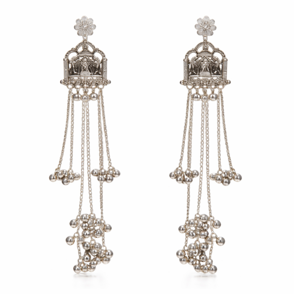 Elegant Oxidised GhunghrooTemple Design Long Earrings