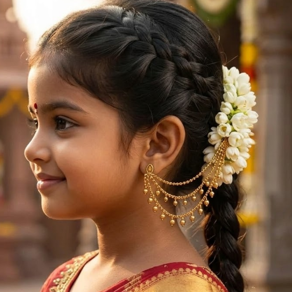 Rina- Traditional Gold-Tone Kids Ear Chain with Bead Drops