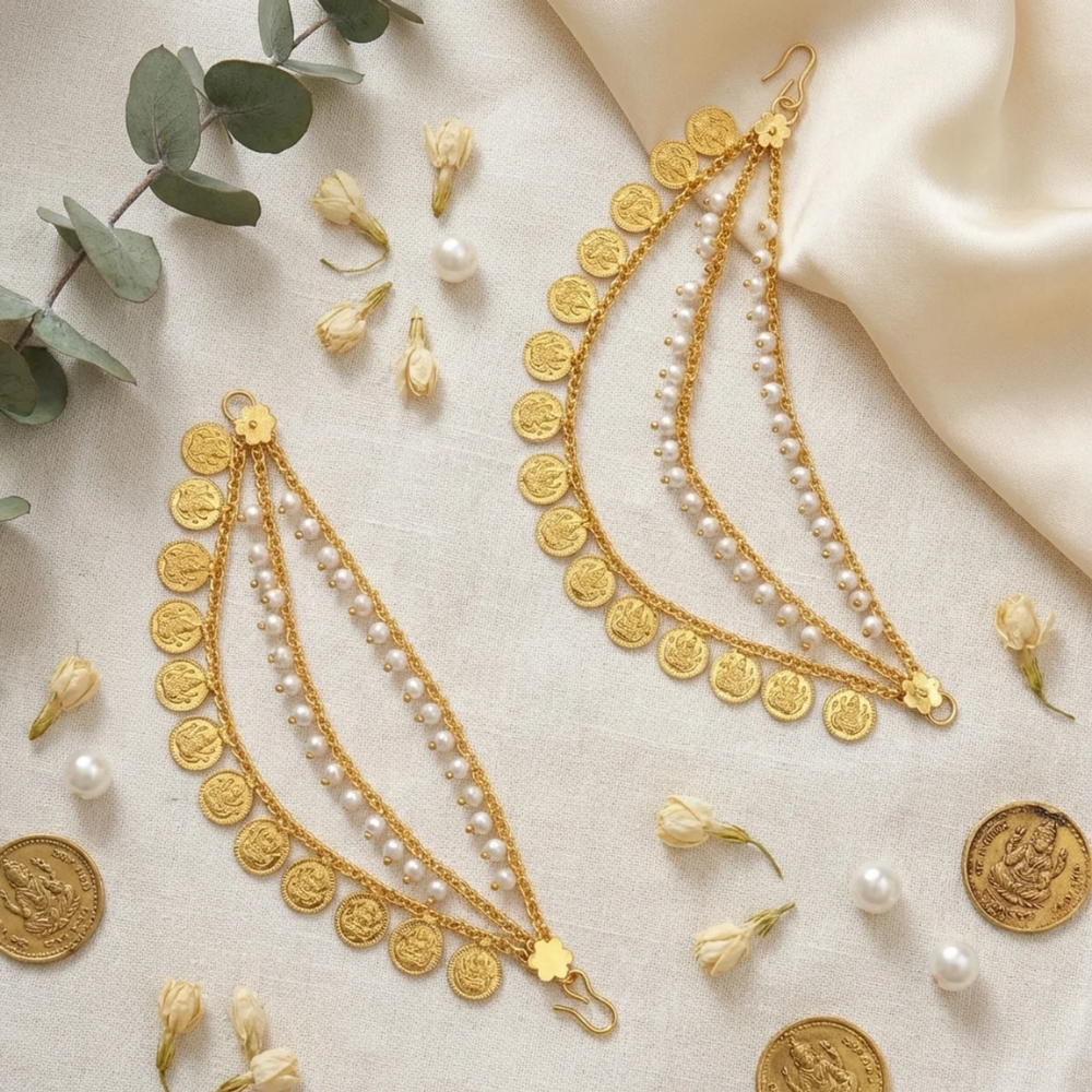 Tina- Traditional Coin & Pearl Kids Ear Chain