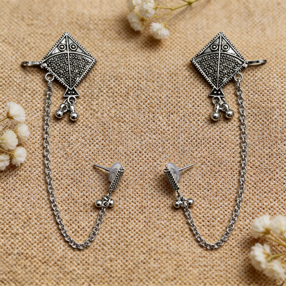 Navika- Oxidised Silver Kite Motif Ear Chain Earrings