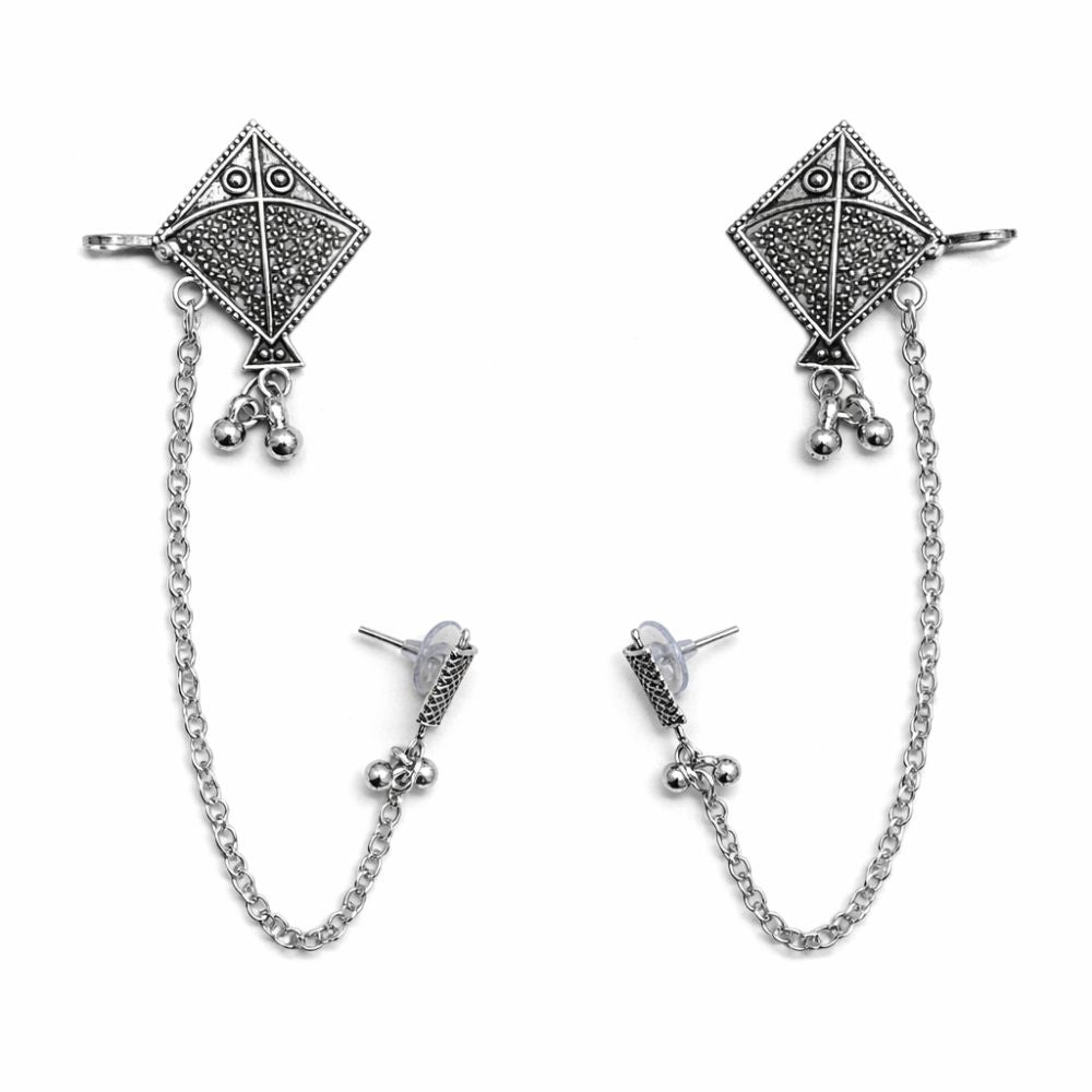 Navika- Oxidised Silver Kite Motif Ear Chain Earrings
