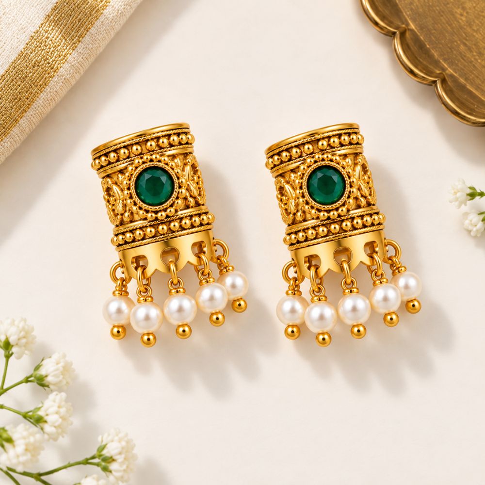 Saarika- Green Stone Pearl Drop Bugadi
