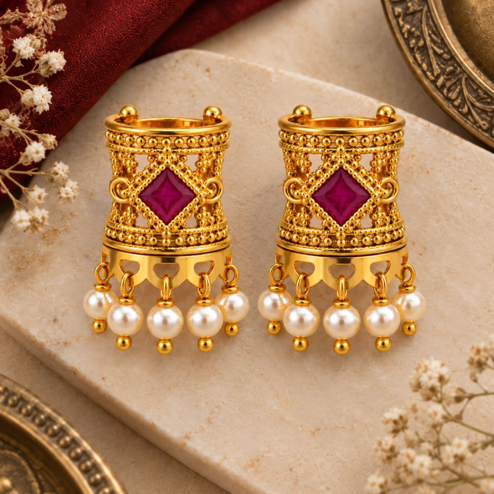 Taarika- Pink Stone Pearl Drop Bugadi