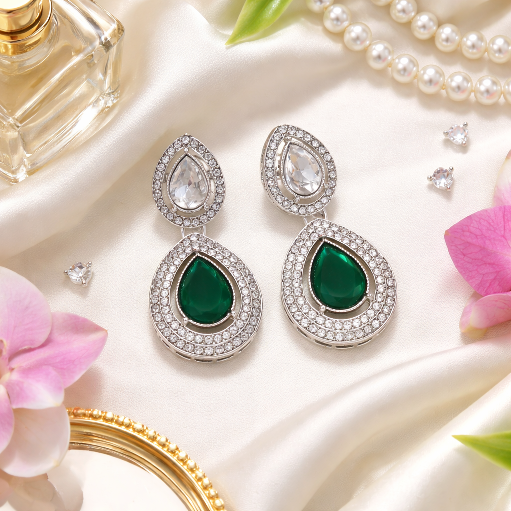 Eknoor Silver Green Earrings