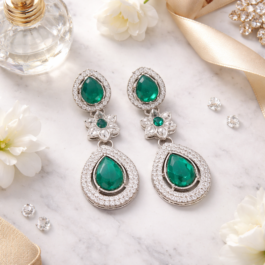 Anmol Silver Green Earrings