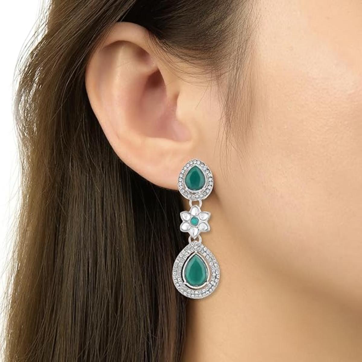Anmol Silver Green Earrings