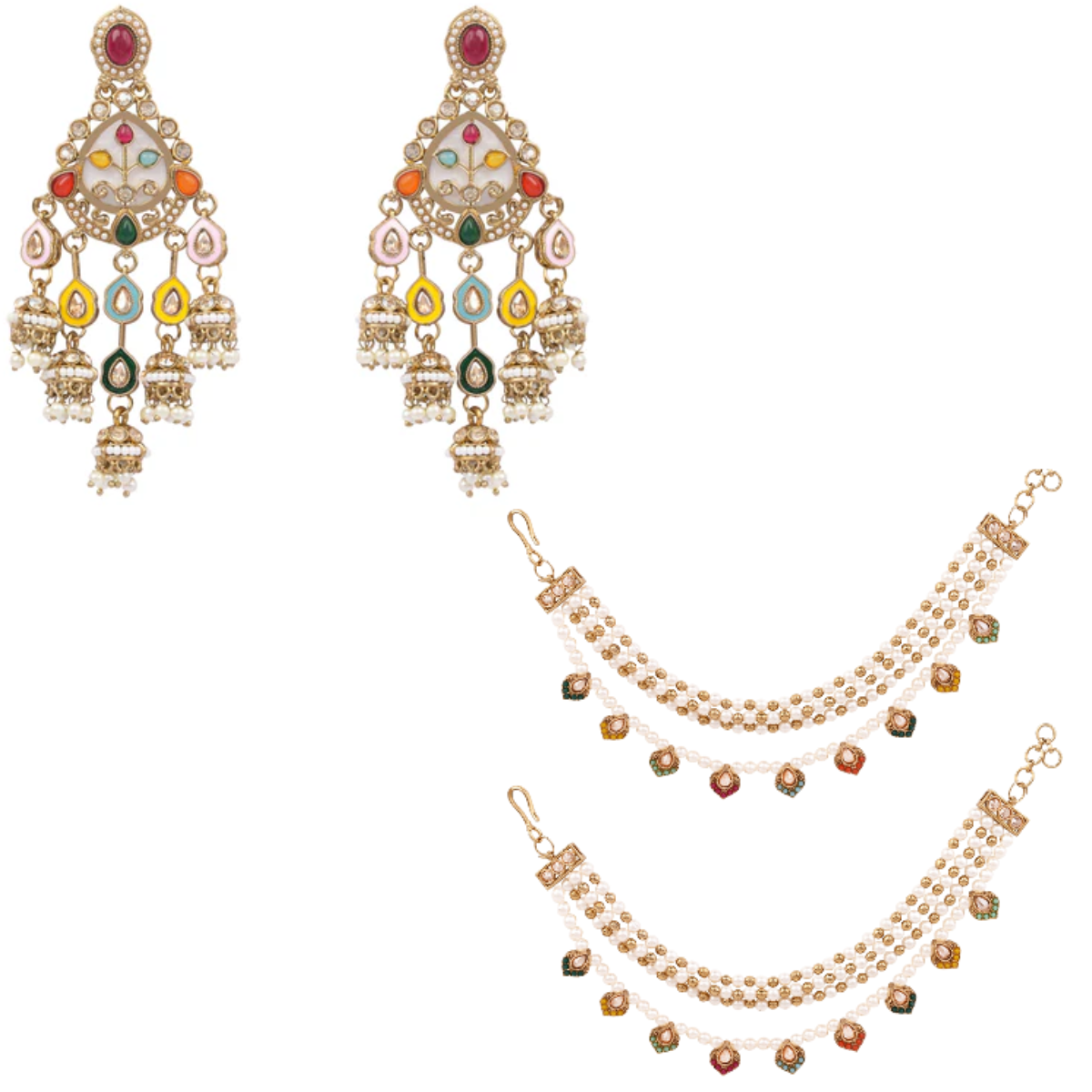 Multicolor Kundan Chandbali Earrings with Pearl Beaded Detachable Ear Chains (Earring + Earchain Combo)