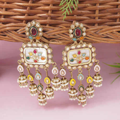 Square Kundan Meenakari Earrings with Pearl and Beaded Ear Chains (Earring + Earchain Combo)