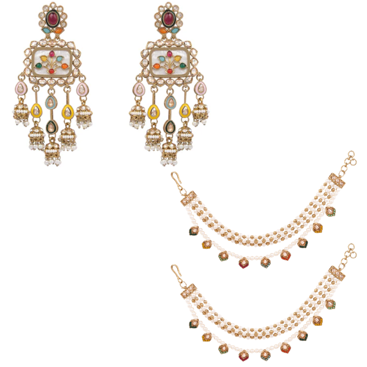 Square Kundan Meenakari Earrings with Pearl and Beaded Ear Chains (Earring + Earchain Combo)