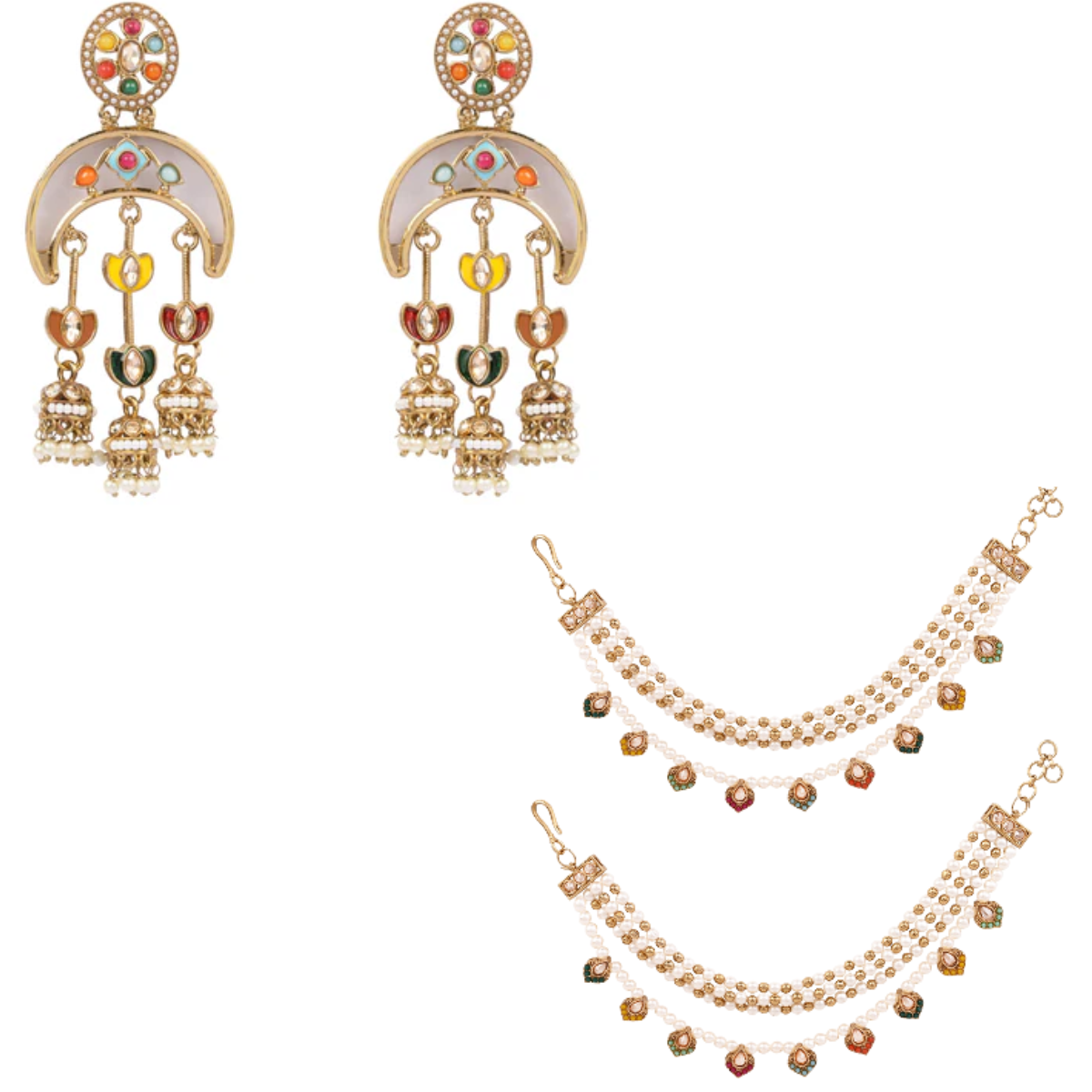 Moon Crescent Kundan Earrings with Multi-Beaded Pearl Ear Chains (Earring + Earchain Combo)