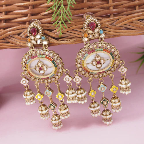 Round Kundan Meenakari Earrings with Pearl Layered Detachable Ear Chains  (Earring + Earchain Combo)