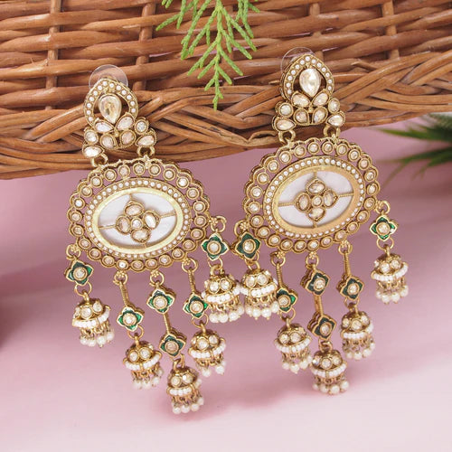Pearl and Green Stone Kundan Earrings with Layered Beaded Ear Chains (Earring + Earchain Combo)